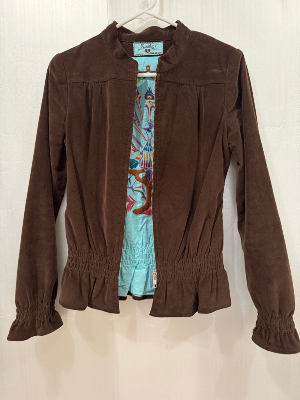 Sweetees Brown Corduroy Suede-Style Jacket with Turquoise Embroidered Lining